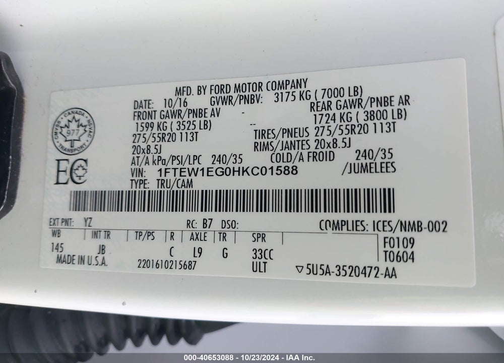2017 FORD F-150 XLT VIN: 1FTEW1EG0HKC01588