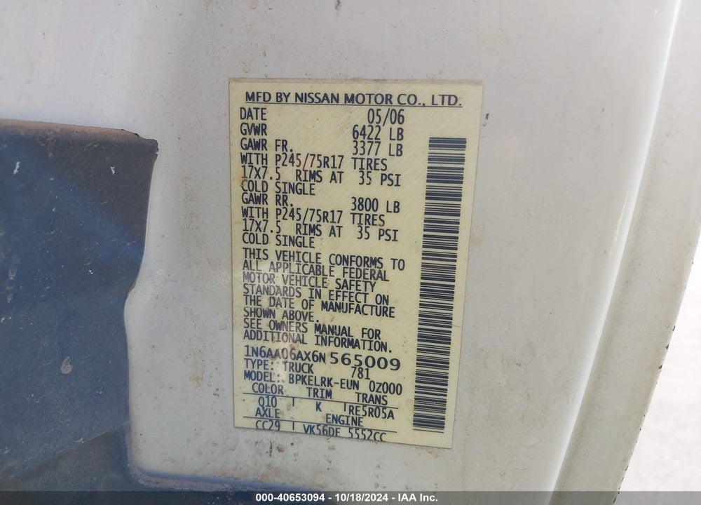 2006 NISSAN TITAN XE VIN: 1N6AA06AX6N565009