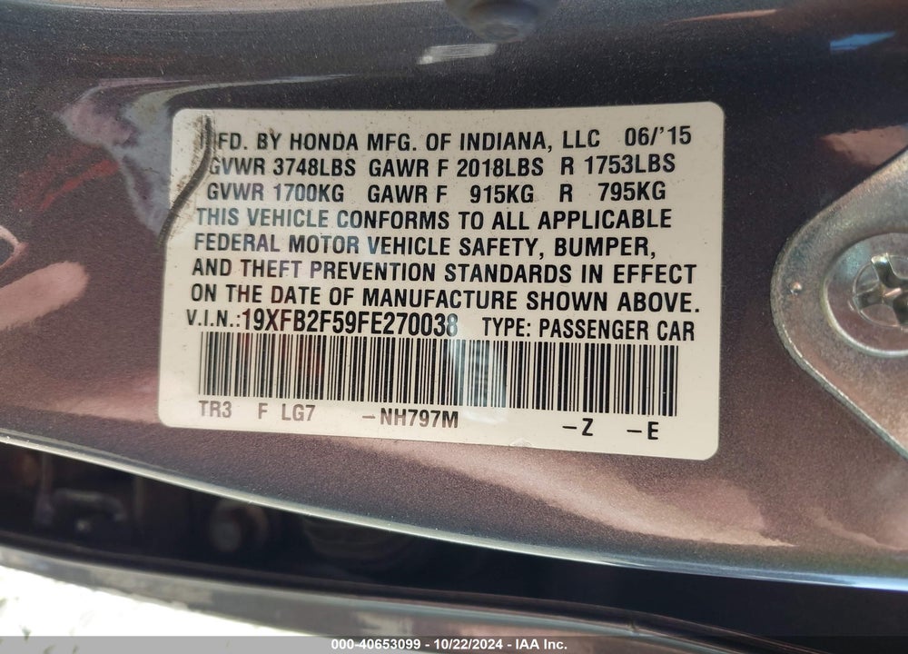 2015 HONDA CIVIC LX VIN: 19XFB2F59FE270038