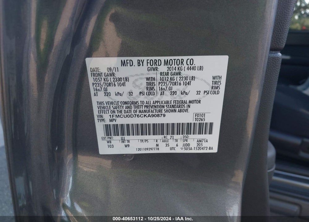 2012 FORD ESCAPE VIN: 1FMCU0D76CKA90879