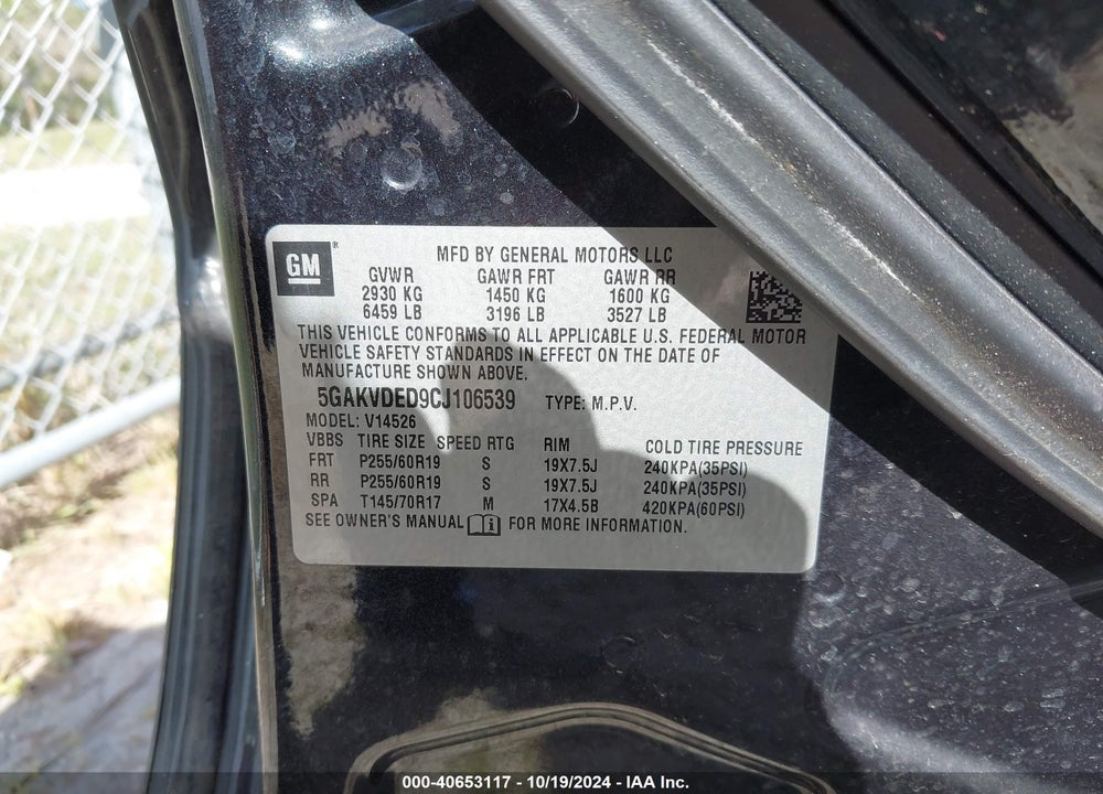 2012 BUICK ENCLAVE PREMIUM VIN: 5GAKVDED9CJ106539