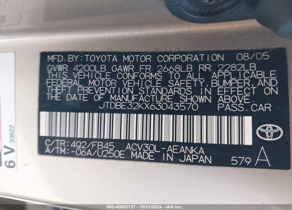 2006 TOYOTA CAMRY STD/ VIN: JTDBE32KX63043570