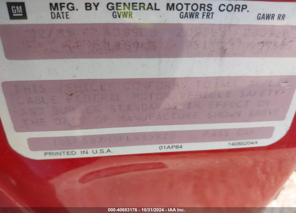1985 CHEVROLET CAMARO BERLINETTA VIN: 1G1FS87H3FL435920