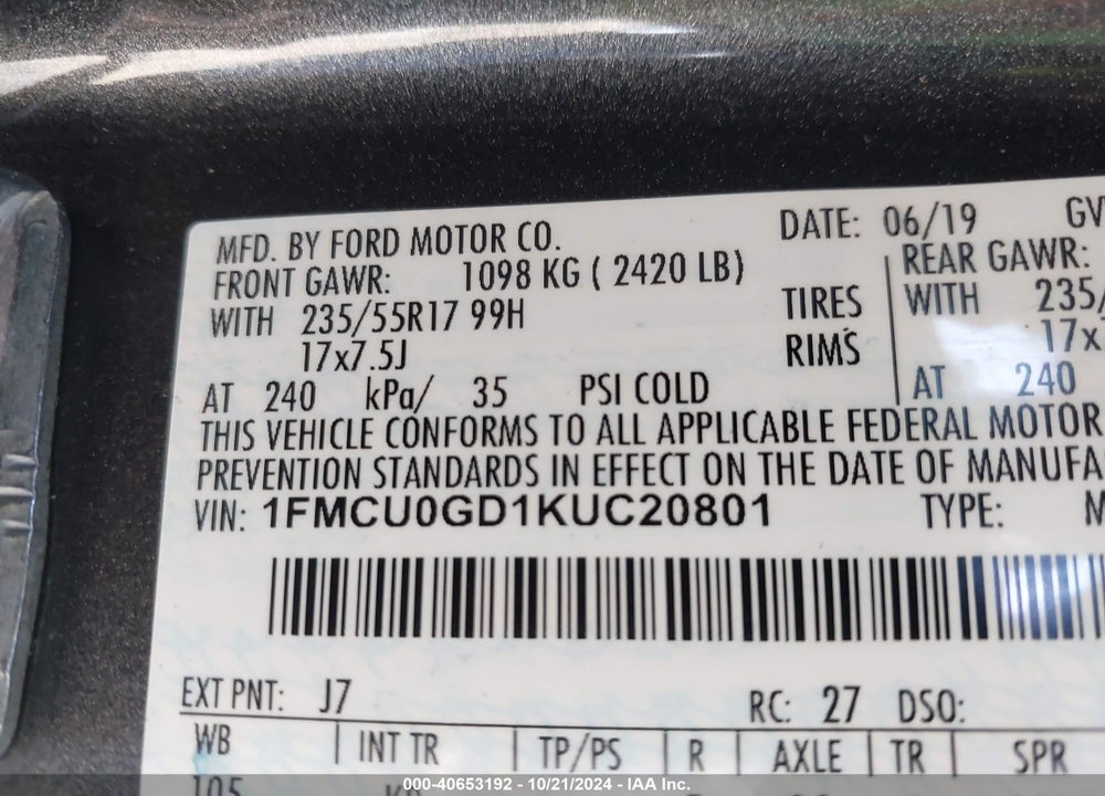 2019 FORD ESCAPE SE VIN: 1FMCU0GD1KUC20801