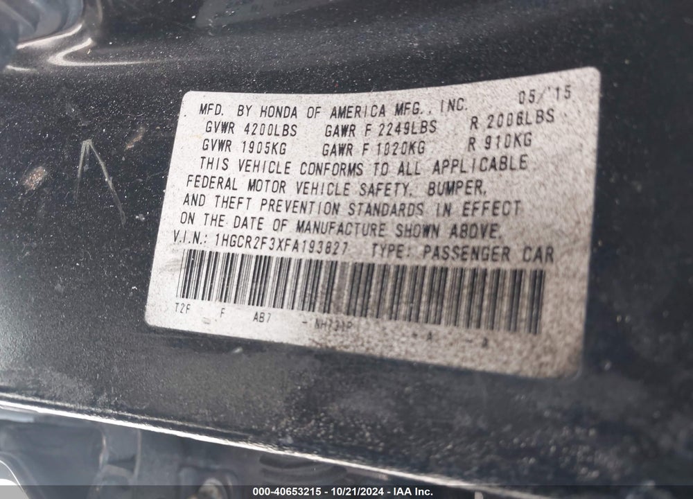 2015 HONDA ACCORD LX VIN: 1HGCR2F3XFA193827