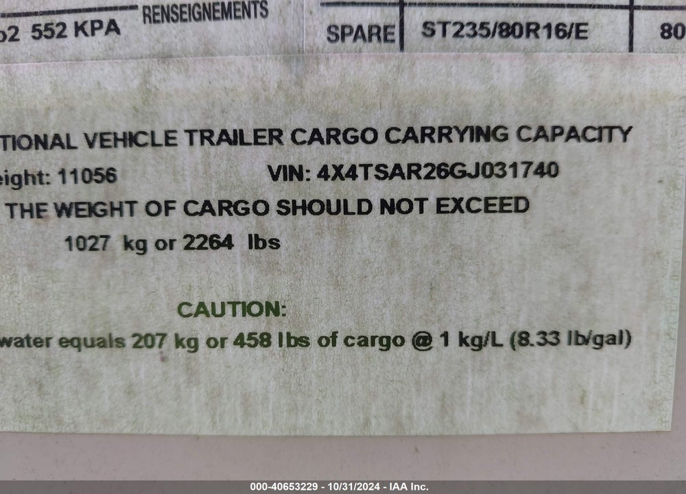 2016 UNKNOWN TRAVEL TRAILER VIN: 4X4TSAR26GJ031740