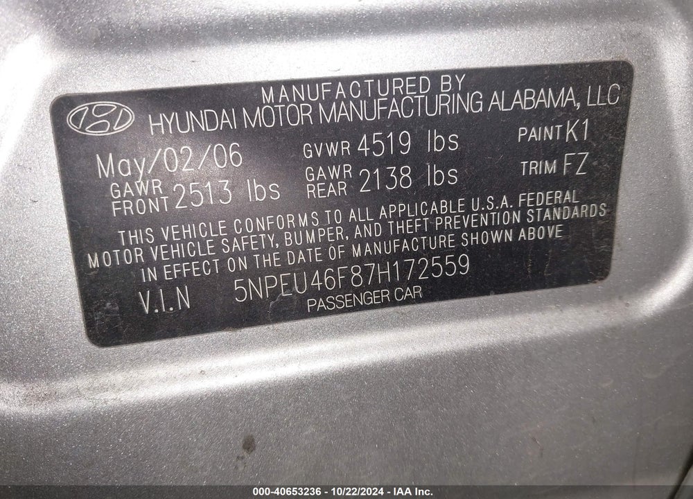 2007 HYUNDAI SONATA LIMITED/SE V6 VIN: 5NPEU46F87H172559