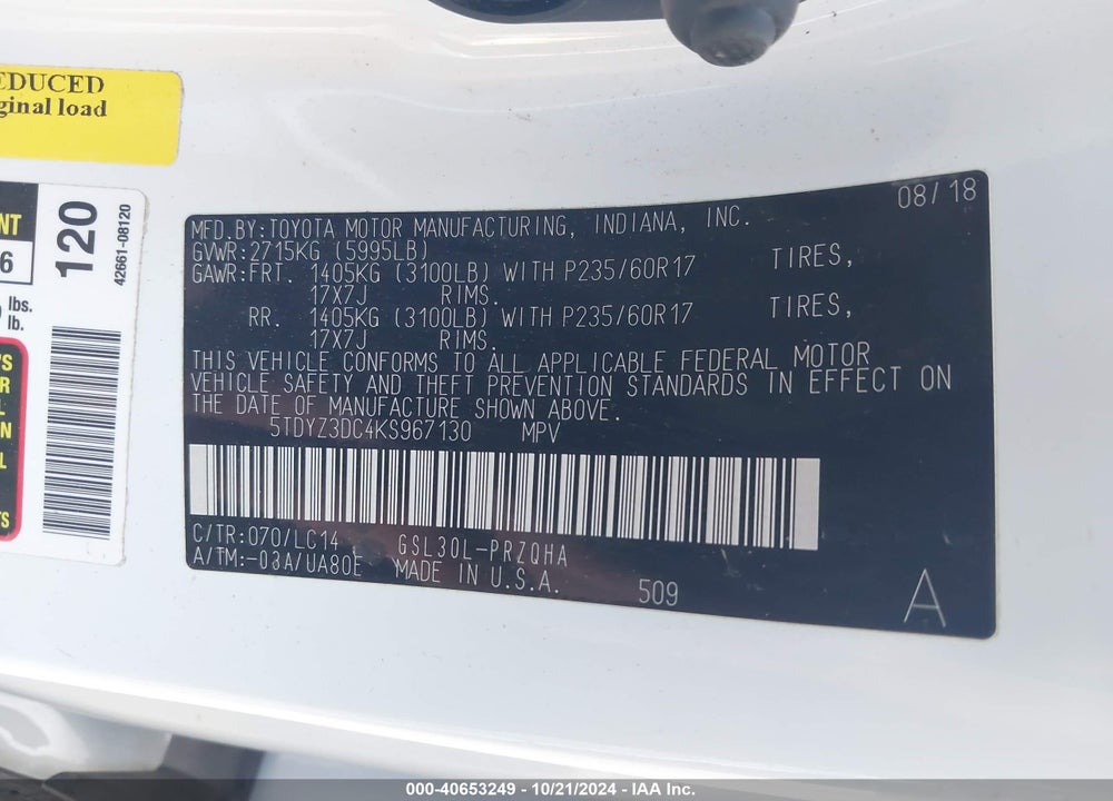 2019 TOYOTA SIENNA XLE 8 PASSENGER VIN: 5TDYZ3DC4KS967130