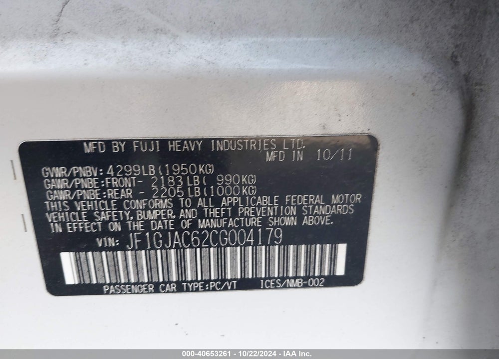 2012 SUBARU IMPREZA 2.0I PREMIUM VIN: JF1GJAC62CG004179