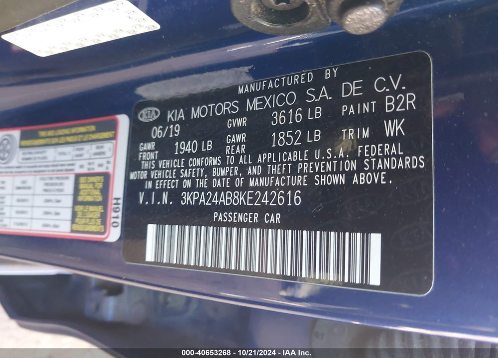 2019 KIA RIO S VIN: 3KPA24AB8KE242616