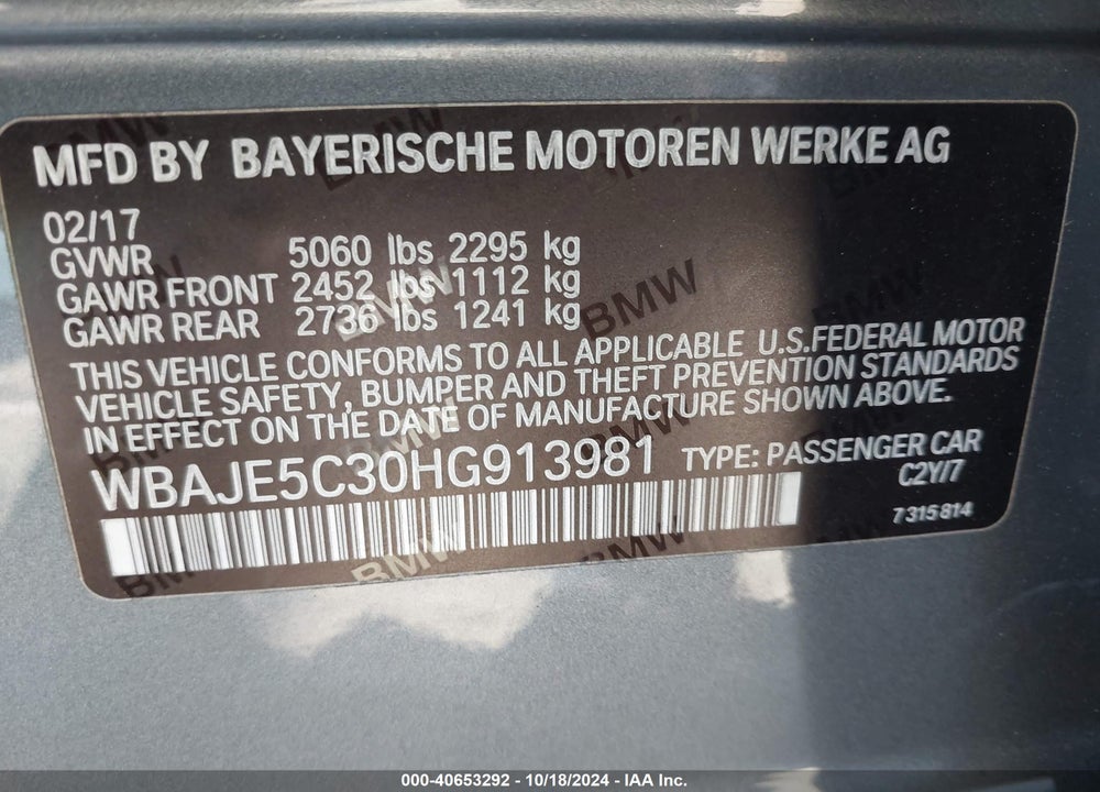 2017 BMW 540I VIN: WBAJE5C30HG913981