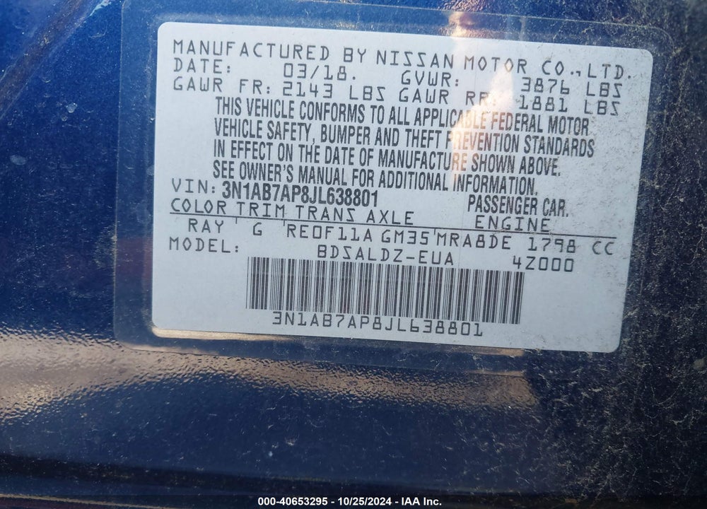 2018 NISSAN SENTRA SV VIN: 3N1AB7AP8JL638801