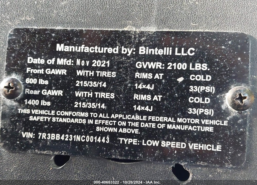 2022 GOLF CART BINITELLI VIN: 7R3BB4231NC001443