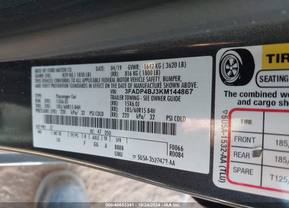 2019 FORD FIESTA SE VIN: 3FADP4BJ3KM144867