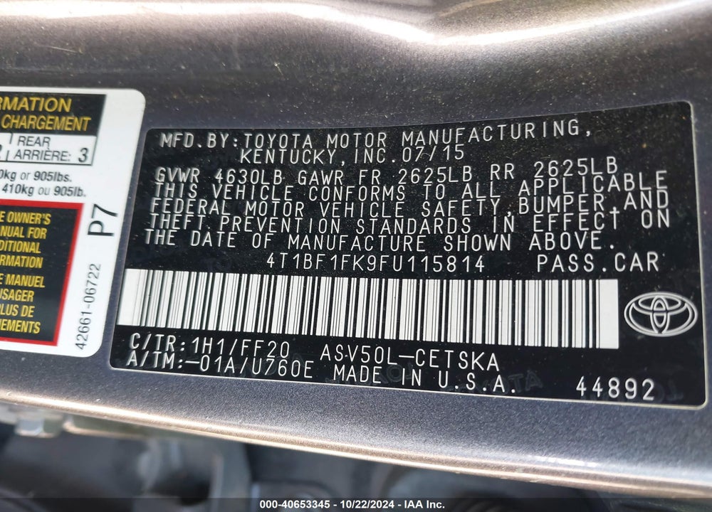 2015 TOYOTA CAMRY SE VIN: 4T1BF1FK9FU115814