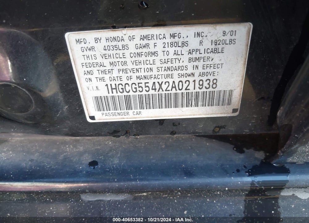 2002 HONDA ACCORD 2.3 LX/LX VIN: 1HGCG554X2A021938