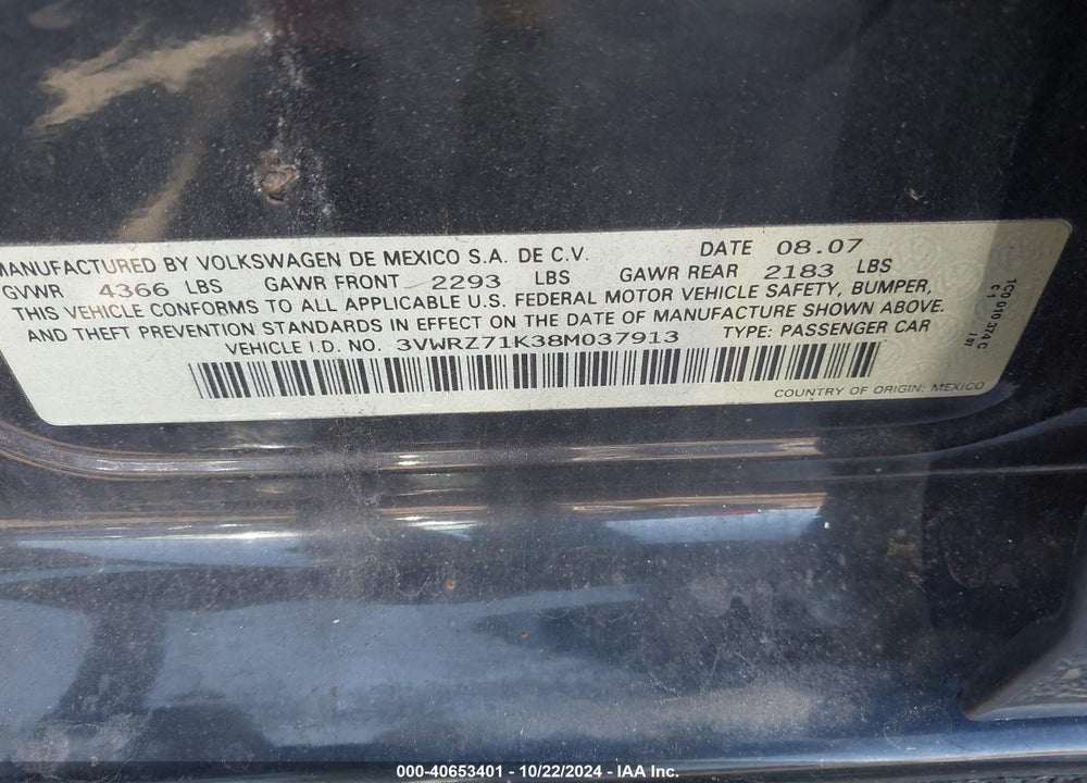 2008 VOLKSWAGEN JETTA SE/SEL VIN: 3VWRZ71K38M037913