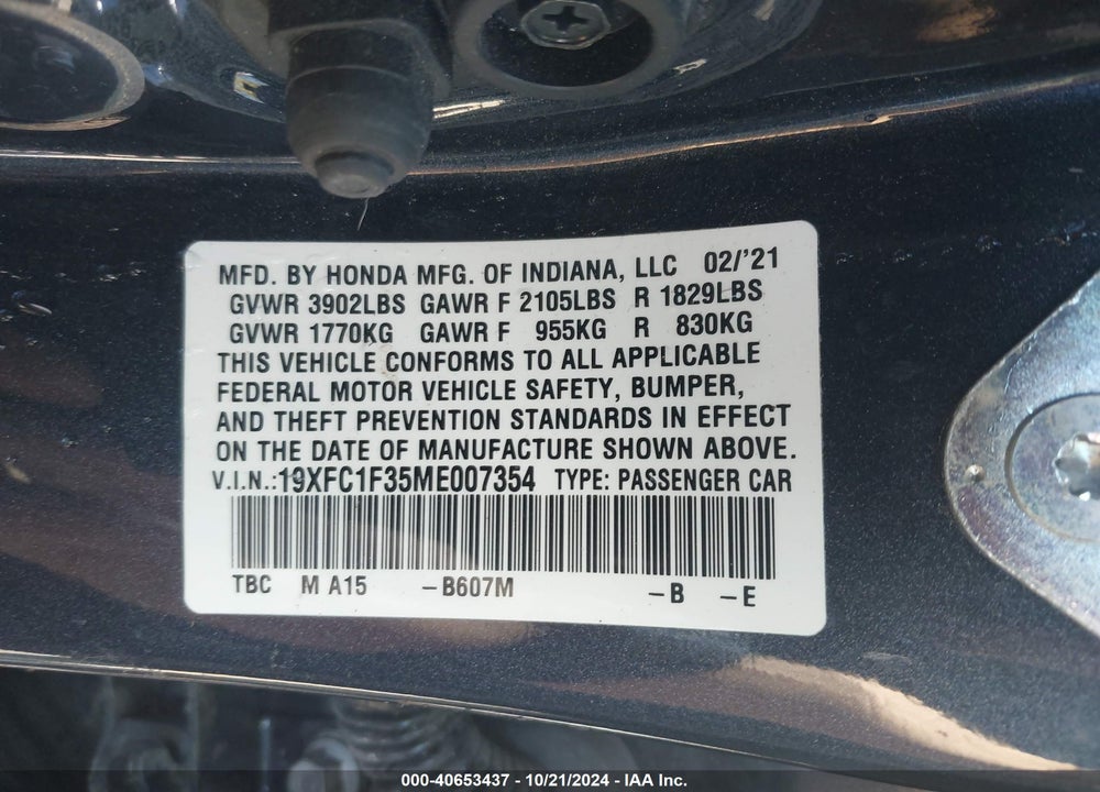 2021 HONDA CIVIC EX VIN: 19XFC1F35ME007354