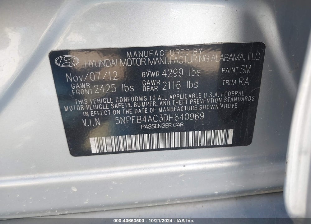 2013 HYUNDAI SONATA GLS VIN: 5NPEB4AC3DH640969