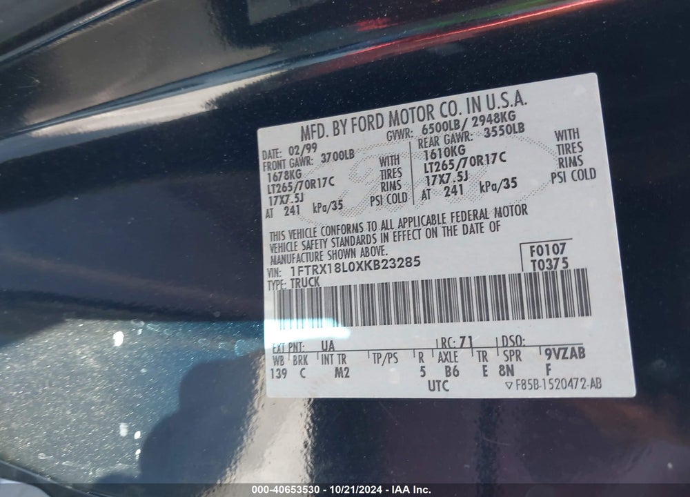 1999 FORD F-150 LARIAT/XL/XLT VIN: 1FTRX18L0XKB23285