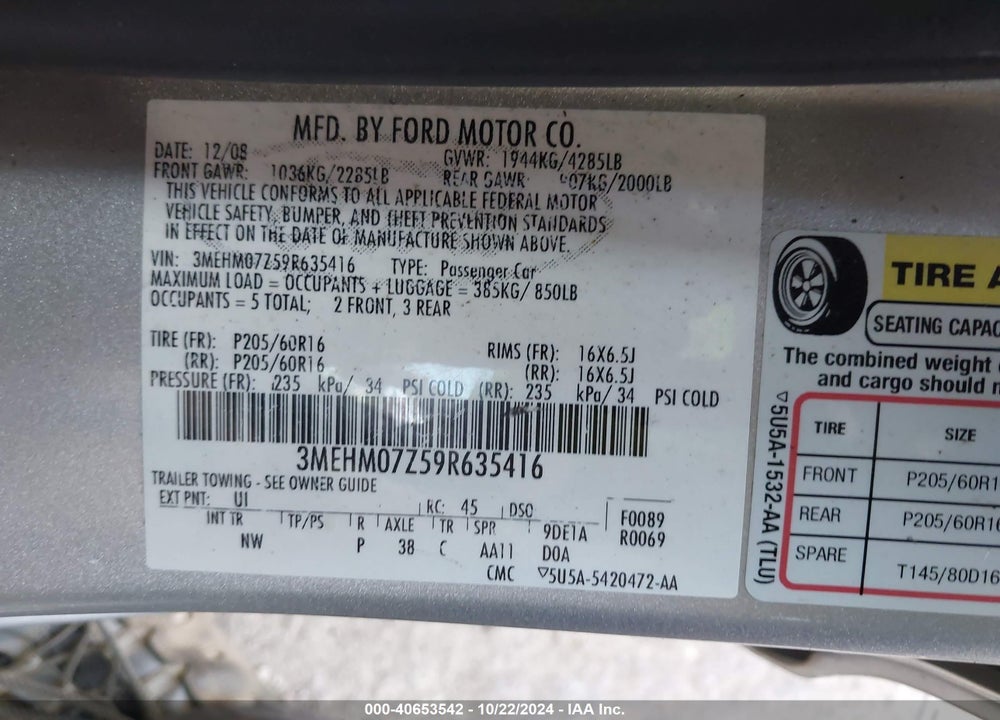 2009 MERCURY MILAN I4 VIN: 3MEHM07Z59R635416