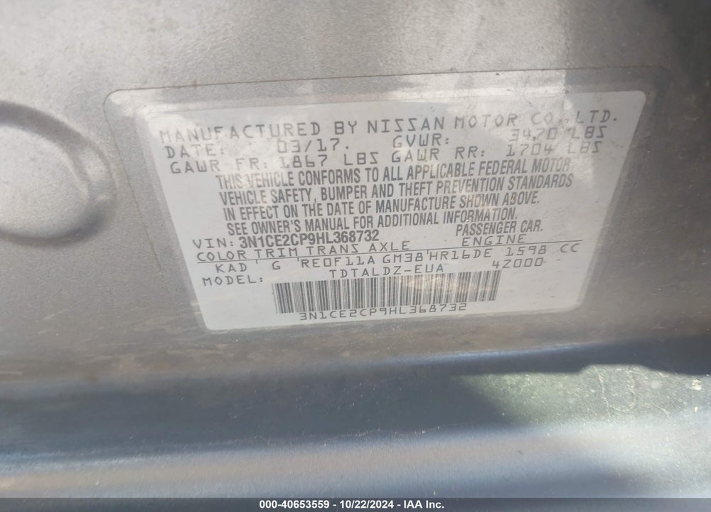 2017 NISSAN VERSA NOTE SV VIN: 3N1CE2CP9HL368732
