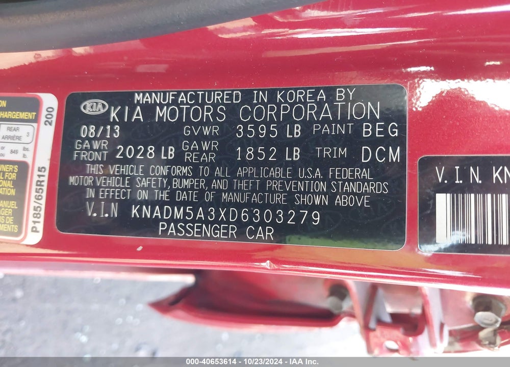 2013 KIA RIO LX VIN: KNADM5A3XD6303279