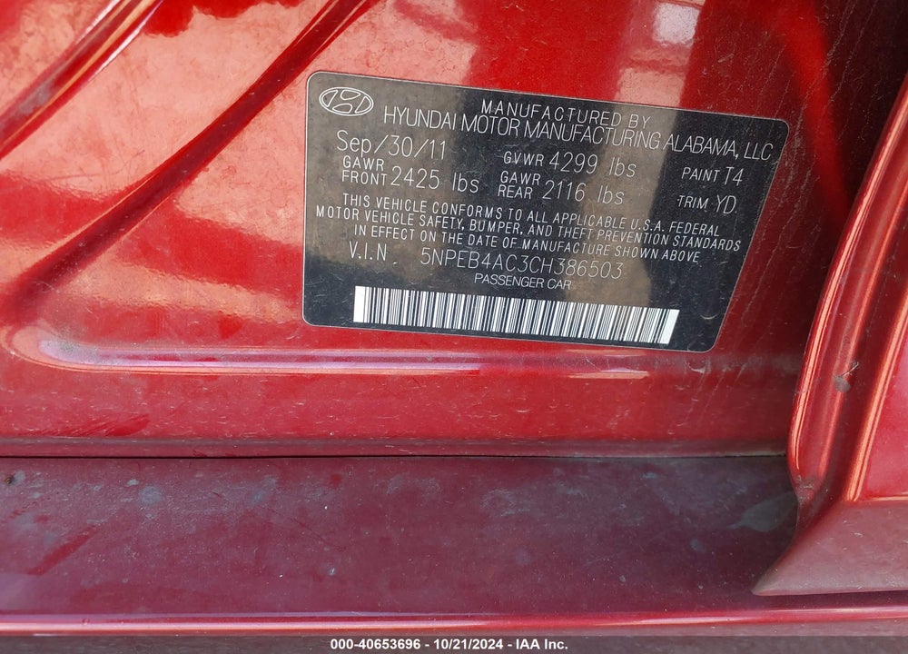 2012 HYUNDAI SONATA GLS VIN: 5NPEB4AC3CH386503