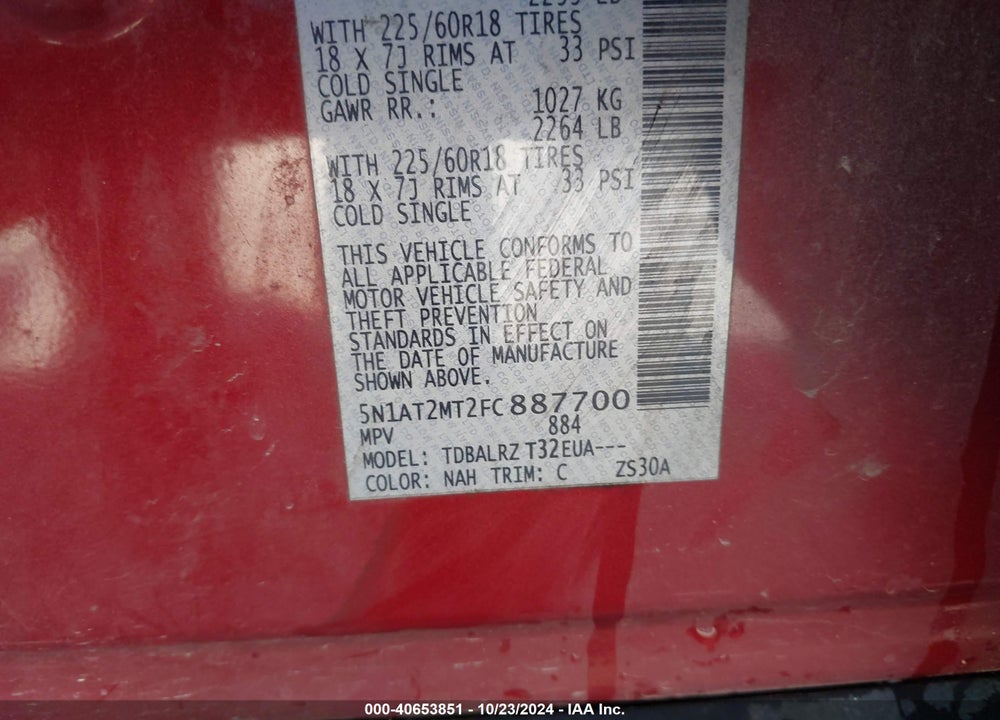 2015 NISSAN ROGUE SL VIN: 5N1AT2MT2FC887700