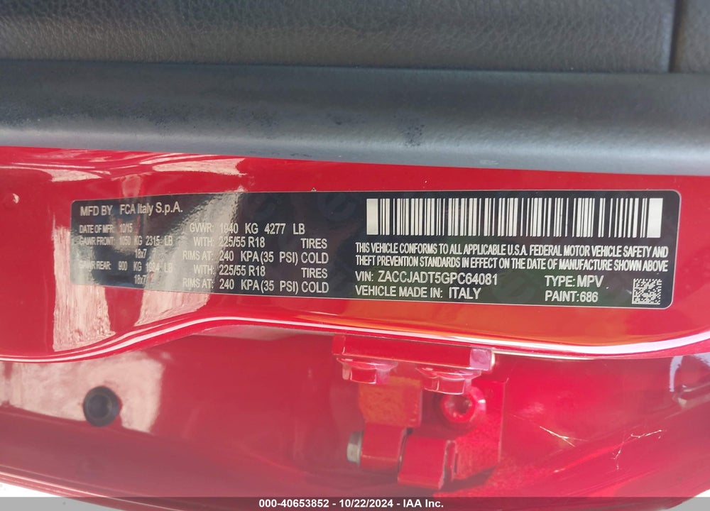 2016 JEEP RENEGADE LIMITED VIN: ZACCJADT5GPC64081