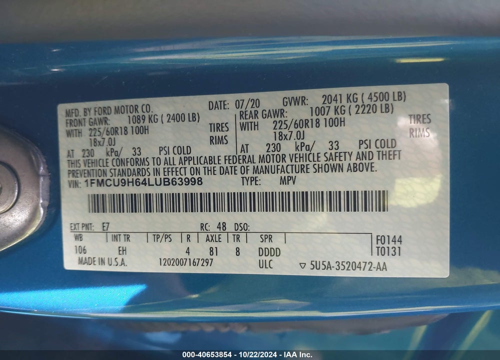2020 FORD ESCAPE SEL VIN: 1FMCU9H64LUB63998