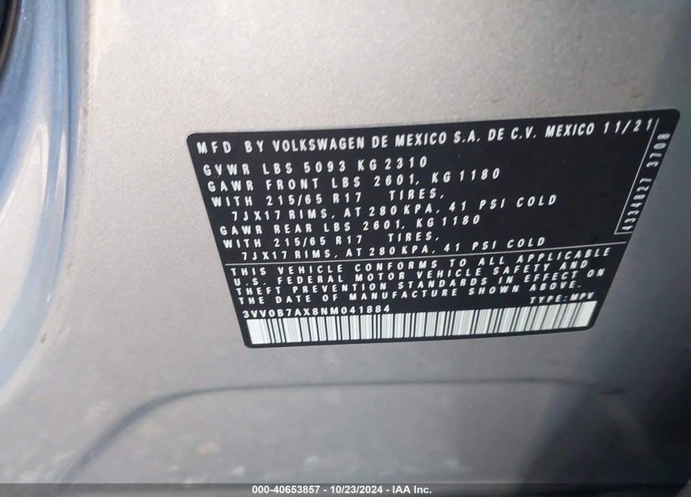 2022 VOLKSWAGEN TIGUAN 2.0T S VIN: 3VV0B7AX8NM041884
