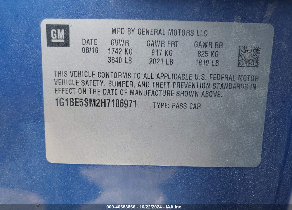 2017 CHEVROLET CRUZE LT AUTO VIN: 1G1BE5SM2H7106971
