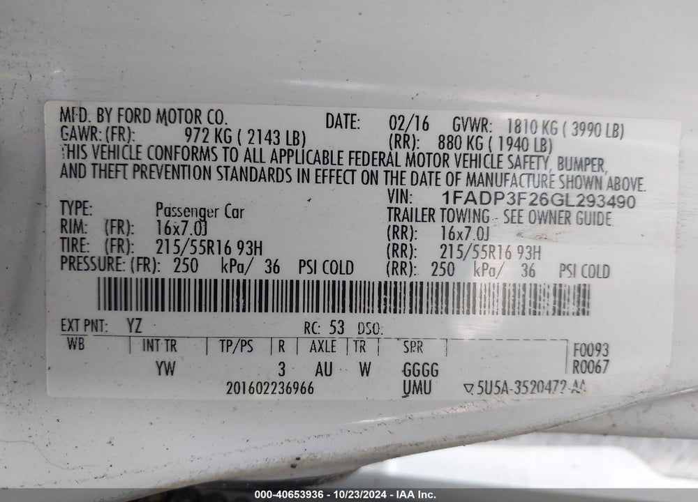 2016 FORD FOCUS VIN: 1FADP3F26GL293490