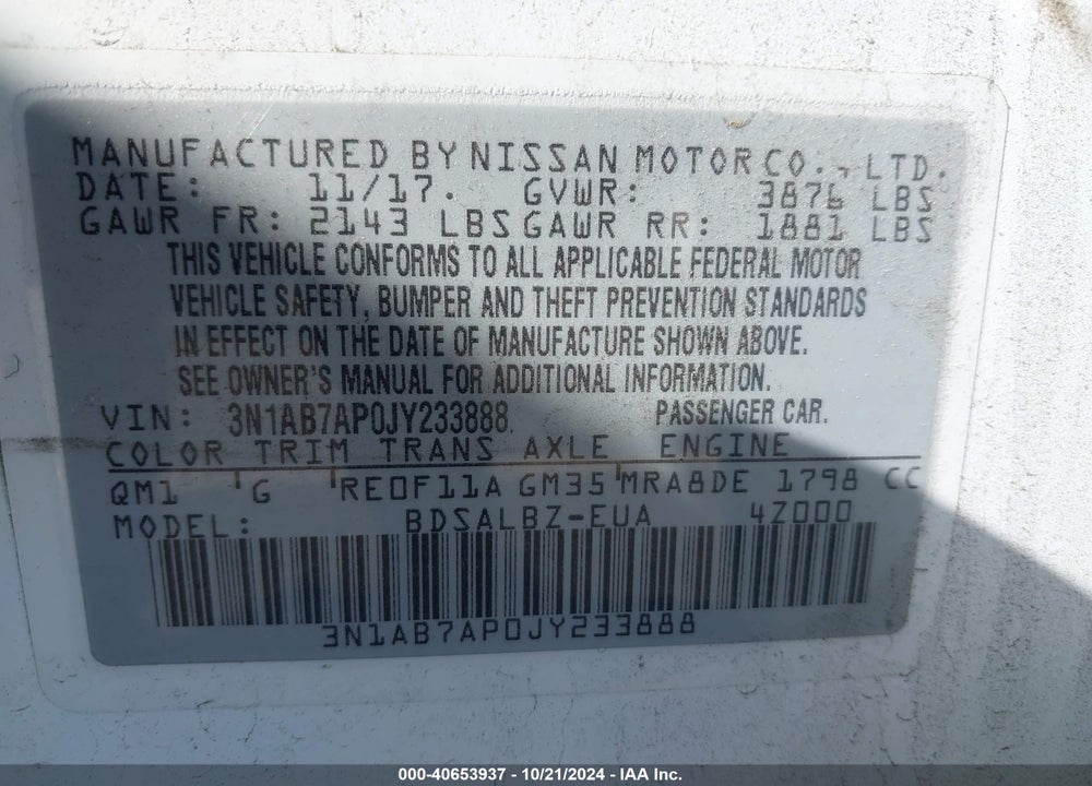 2018 NISSAN SENTRA S VIN: 3N1AB7AP0JY233888