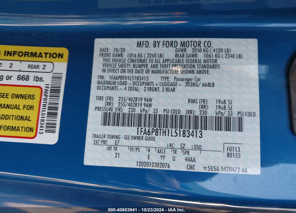 2020 FORD MUSTANG ECOBOOST VIN: 1FA6P8TH1L5183413