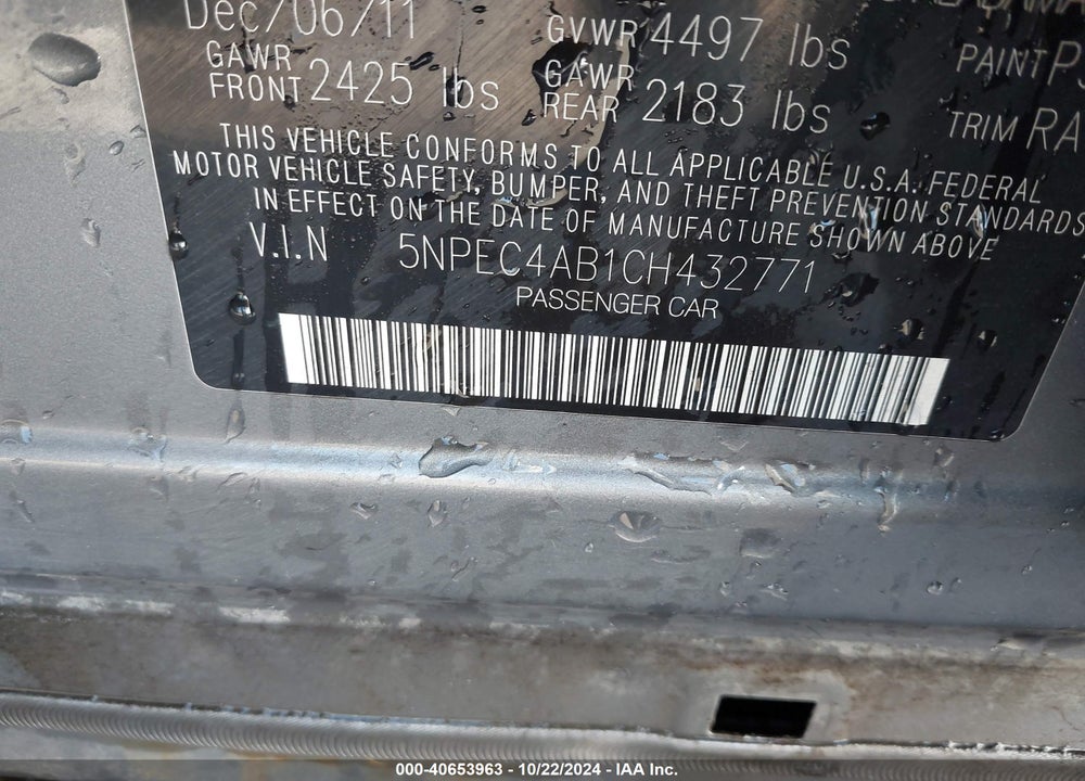 2012 HYUNDAI SONATA SE 2.0T VIN: 5NPEC4AB1CH432771