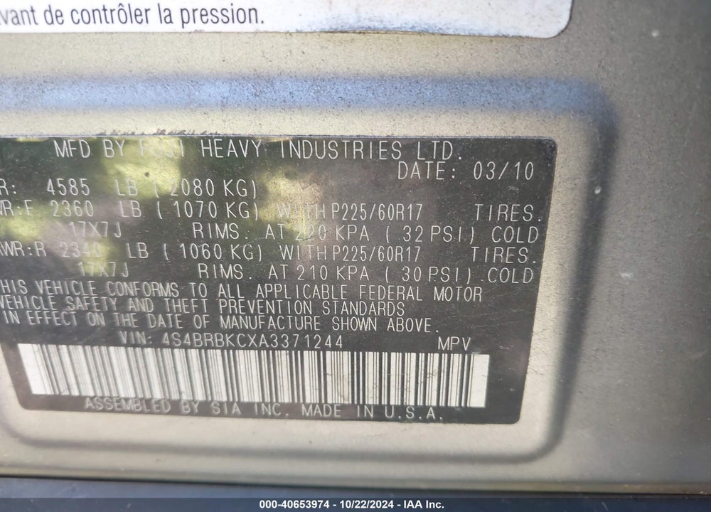 2010 SUBARU OUTBACK 2.5I LIMITED VIN: 4S4BRBKCXA3371244