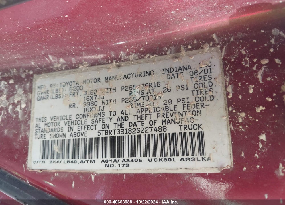 2002 TOYOTA TUNDRA LTD V8 VIN: 5TBRT38182S227488