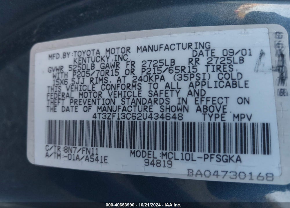2002 TOYOTA SIENNA VIN: 4T3ZF13C62U434648