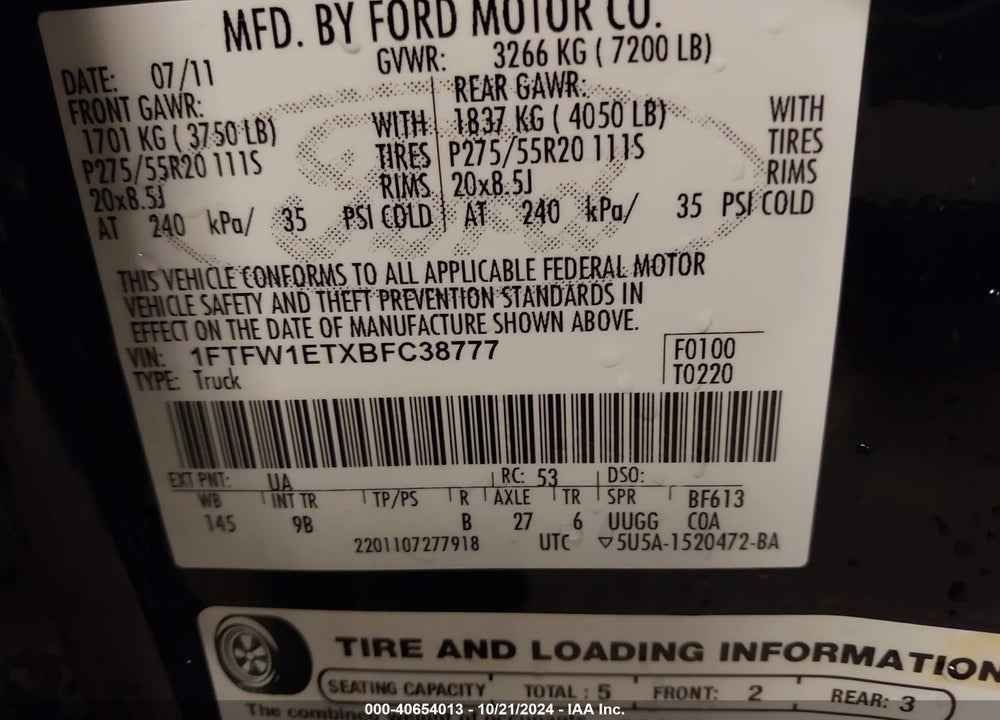 2011 FORD F-150 PLATINUM VIN: 1FTFW1ETXBFC38777