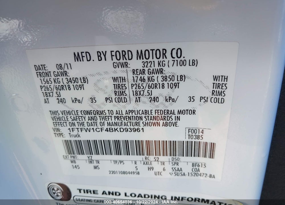 2011 FORD F-150 XLT VIN: 1FTFW1CF4BKD93961
