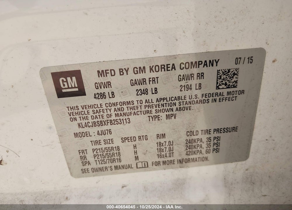 2015 BUICK ENCORE CONVENIENCE VIN: KL4CJBSBXFB253113