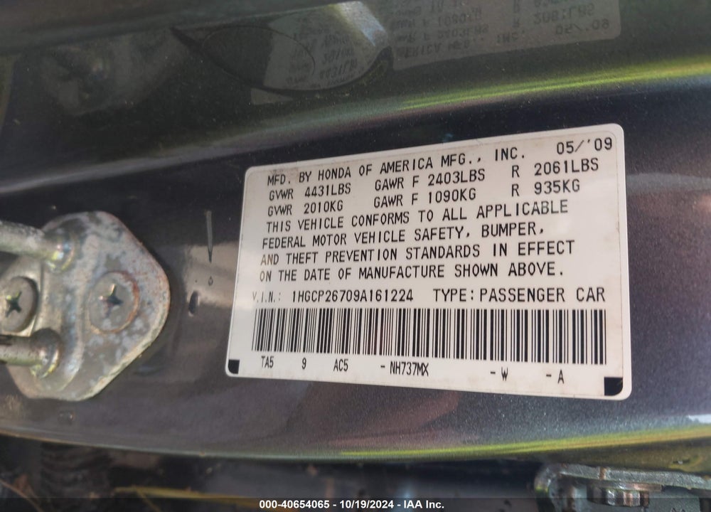 2009 HONDA ACCORD 2.4 EX VIN: 1HGCP26709A161224