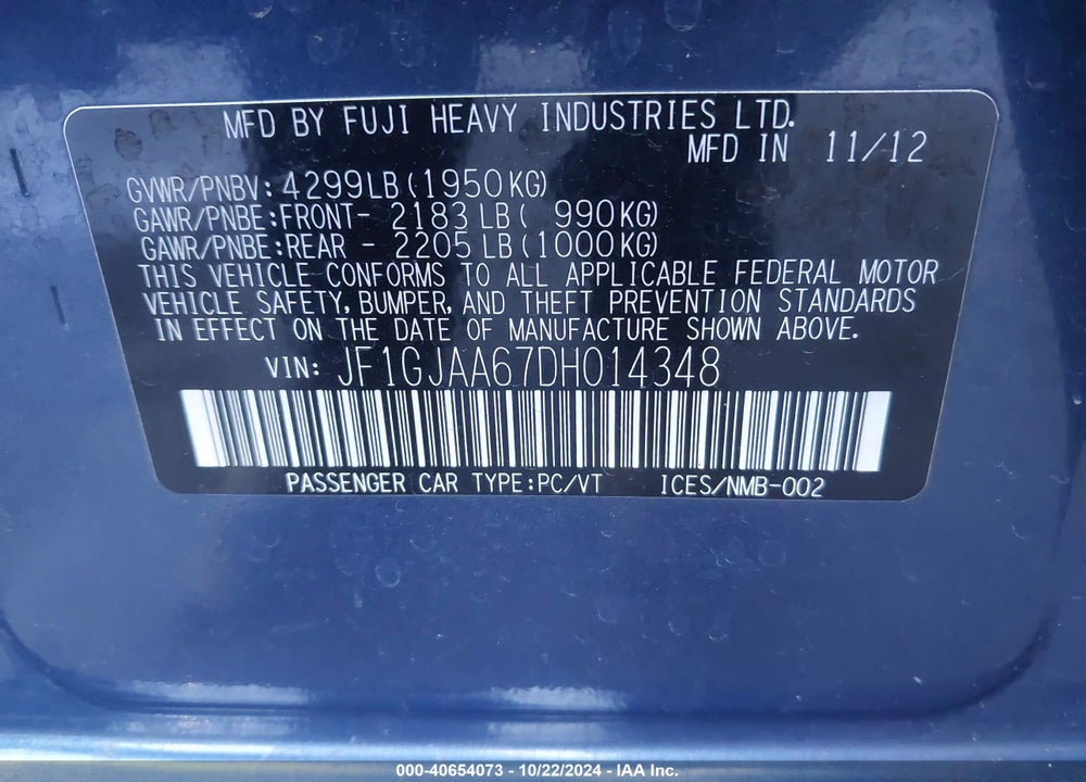 2013 SUBARU IMPREZA 2.0I VIN: JF1GJAA67DH014348
