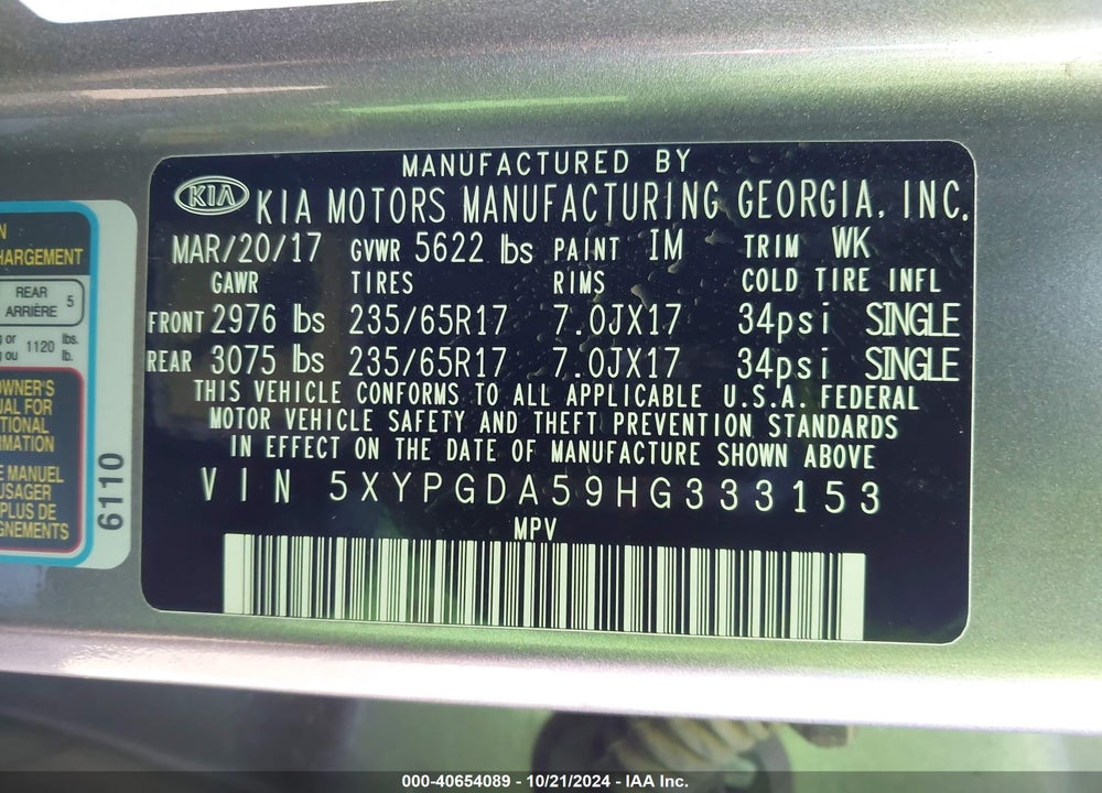 2017 KIA SORENTO 3.3L LX VIN: 5XYPGDA59HG333153
