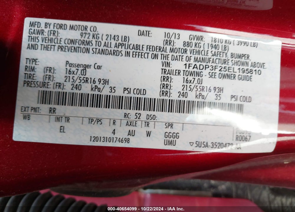 2014 FORD FOCUS SE VIN: 1FADP3F25EL195810