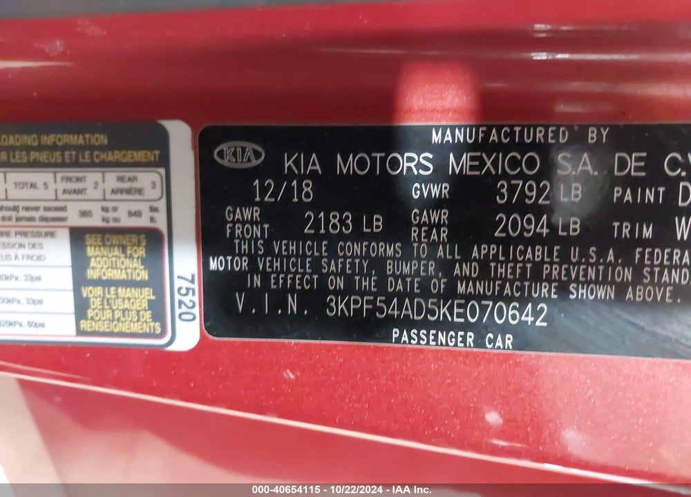 2019 KIA FORTE EX VIN: 3KPF54AD5KE070642