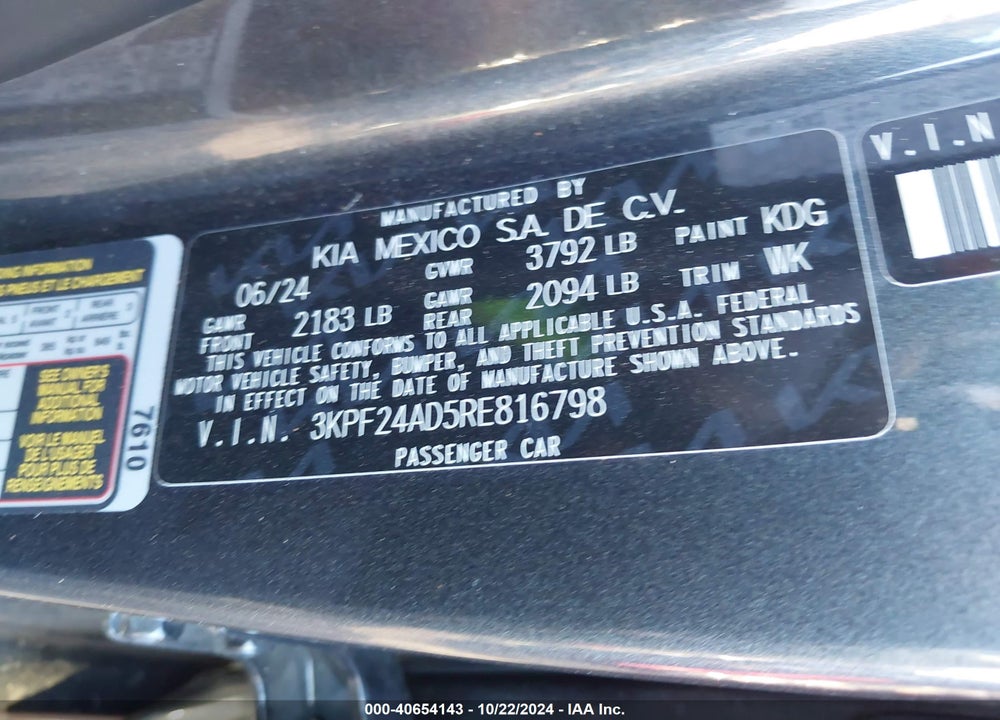 2024 KIA FORTE LXS VIN: 3KPF24AD5RE816798