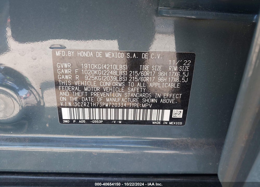 2023 HONDA HR-V 2WD EX-L VIN: 3CZRZ1H73PM720334